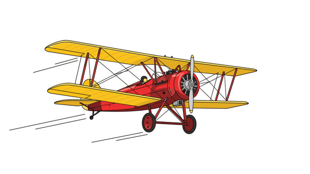 Red and yellow vintage biplane soaring through the air with speed lines indicating motion against a clean white background.