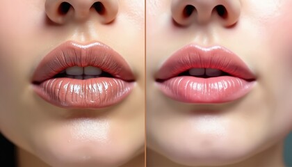 Close-up comparison of two lips, one dry and cracked, the other smooth and hydrated. This showcases the benefits of lip care products and effective moisturization for soft lips.
