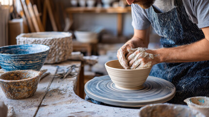 Potter shaping clay bowl on wheel in rustic studio, creative hands focused, natural daylight
