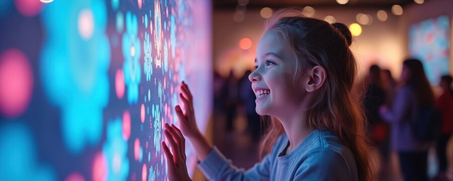 Young girl happily touches bright digital interactive screen in modern museum show. Child explores colorful glowing patterns with wonder and curiosity. Future learning and entertainment.