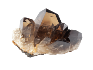 Smoky quartz crystal cluster on rock base