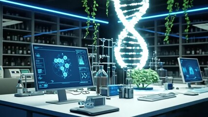 Innovation Lab: Futuristic scene, capturing the essence of scientific breakthroughs and innovation. Featuring an illuminated DNA structure at the heart of the research. - Powered by Adobe