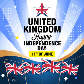 United Kingdom Independence Day illustration with Union Jack flags, modern typography, and June 11 celebration design expressing British pride.