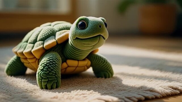 Cute toy turtle on a rug.