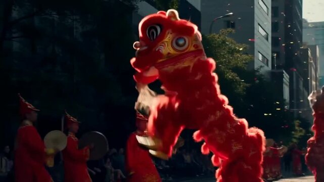 Lion Dance Celebration in Modern City