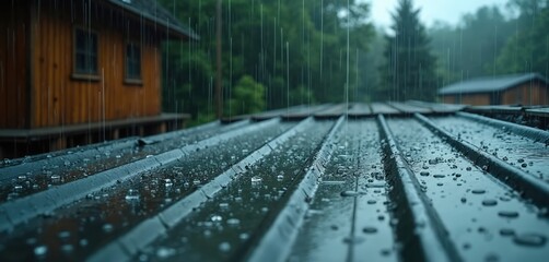 Obraz premium Raindrops fall on a corrugated tin roof near a wooden house. Trees form a blurred background. Water flows down the roof surface in a steady shower.