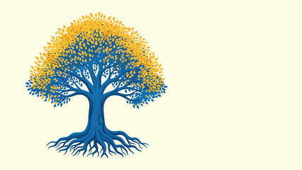 Artistic representation of a tree with deep blue roots and trunk and vibrant yellow leaves against a soft beige background color.