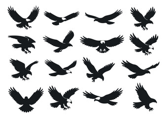 Obraz premium Stylized graphic eagle set featuring birds of prey in various flight poses for heraldry and emblem designs
