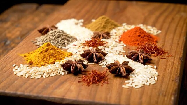 Assortment of spices, grains, and star anise on a wooden surface, culinary ingredients