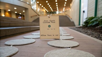 Serene Pathway with Peaceful Signage Encouraging Relaxation and Mindfulness in a Tranquil Indoor Environment