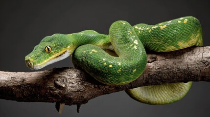 Obraz premium Green Tree Python Coiled on Branch in Studio Lighting Environment