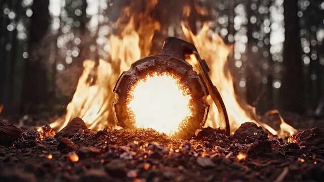 Glowing Grenade in Flames with Cinematic Forest Atmosphere