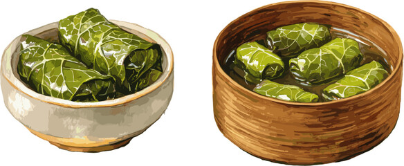 Obraz premium Two classic watercolor dolma dishes with different patterns, in clip art style, isolated on white background