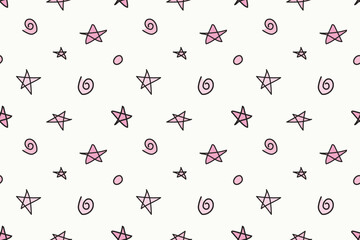 Cute pink doodle stars and swirls seamless pattern