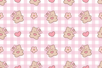 Cute teddy bear and heart pink gingham seamless pattern