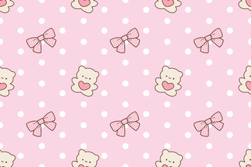 Cute teddy bear with bow pink polka dot seamless pattern