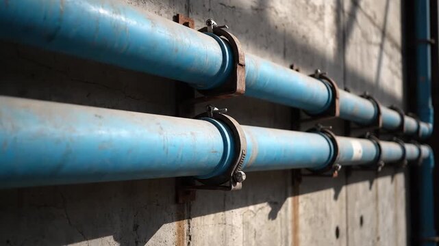 Industrial Blue Pipes on Concrete Wall | Utility Infrastructure