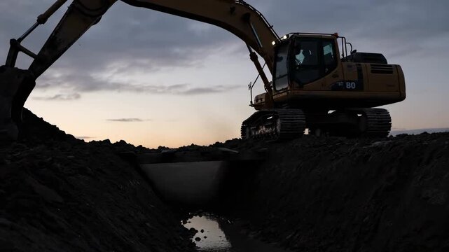 Heavy Excavator Earthworks: Digging a Trench at Sunset