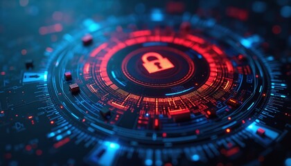 Digital padlock graphic visualizes cyber security and data protection. Abstract tech background with glowing circuits and binary code signifies encryption and network defense.