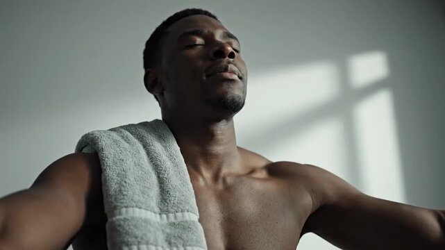 Man Breathing Calmly After Refreshing Shower
