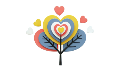 Heart-shaped tree with colorful layers and scattered hearts