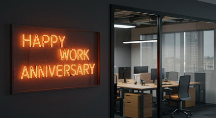 Happy Work Anniversary Neon Sign Celebrating Employee Milestones in Modern Corporate Office for HR Recognition Program