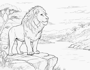 Detailed line art illustration of a lion stands elegant on a cliff over a savanna with a river, template for children coloring book, Generative AI