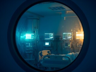 View through ICU glass showing a critically ill patient surrounded by medical monitors, expressing a family member’s perspective of waiting, fear, helplessness, and emotional tension in intensive care