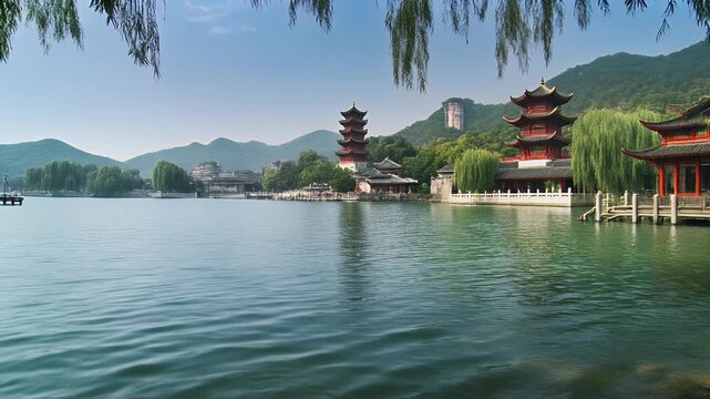Beautiful lake landscape with traditional Chinese architecture and pagodas scenery