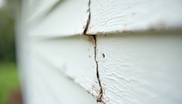 White house siding shows a vertical crack and a small hole. The weathered material reveals damage requiring repair and maintenance for structural integrity and exterior upkeep.