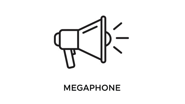 Simple black outline icon depicts a classic megaphone or bullhorn used for amplification and public announcements against a white background.