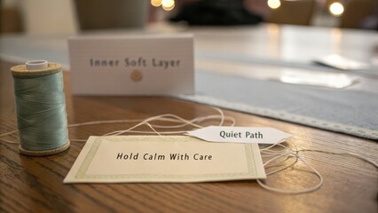 Elegant Crafting Workspace with Sewing Thread Labels and Stylish Card on Wooden Table in Soft Natural Light