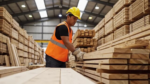 Man in orange safety vest and yellow hard hat moving lumber in warehouse