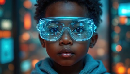Young child wears futuristic augmented reality glasses projecting digital graphics. Boy looks forward with wonder, exploring virtual worlds, advanced tech interfaces. Future education, entertainment.