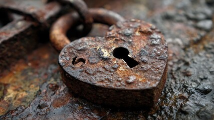 Weathered heart padlock on a rusty chain, a testament to time's embrace and forgotten secrets.