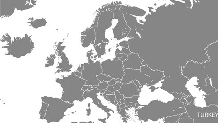 Obraz premium Monochrome political map of Europe showcasing national borders against a contrasting white background for geopolitical study.