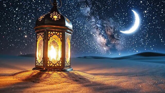 A glowing lantern under a starry night sky with a crescent moon over the desert landscape