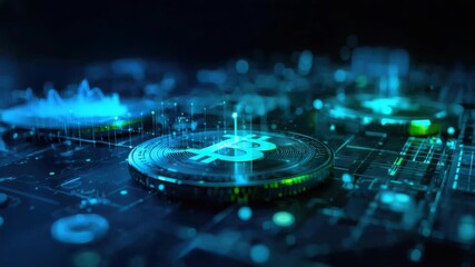 Digital bitcoin coin cryptocurrency coin glowing circuit blockchain technology with futuristic data - Powered by Adobe