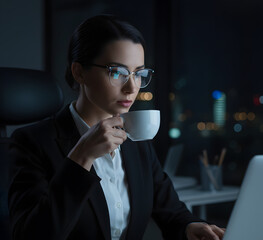 Laptop screen light illuminates focused female worker face at office