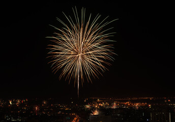 happy new year fireworks celebrating over Nakhon Ratchasima cityscape at night