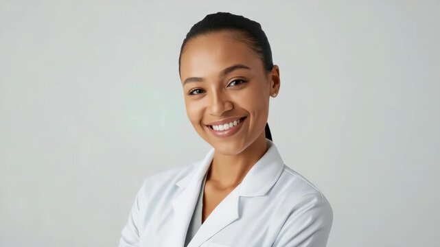 Smiling medical professional portrait confident doctor white coat with folded arms, confident smile