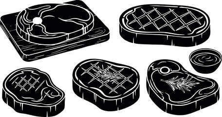 Various steak cuts on cutting boards with sauce bowl vector illustration in black and white style