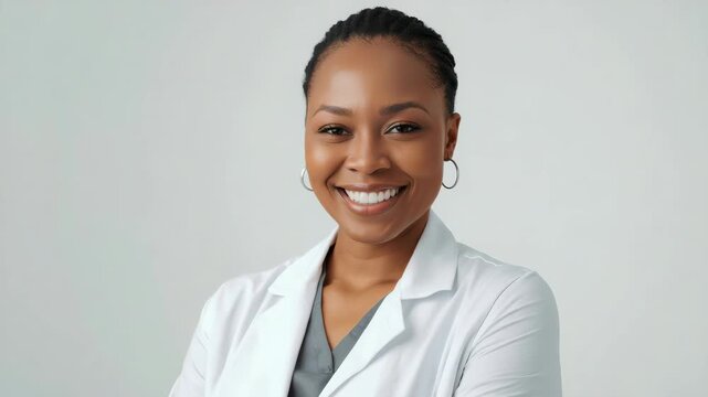 Smiling female medical professional doctor nurse white coat and scrubs confident approachable