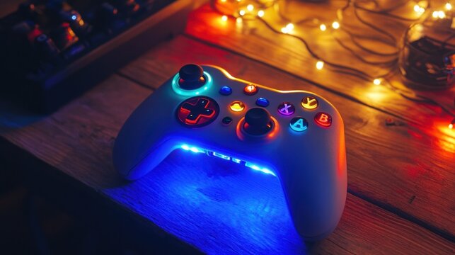 Illuminated game controller on wooden table with festive lights