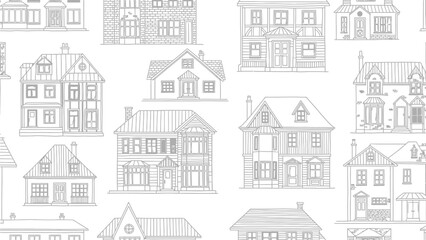 Obraz premium Seamless pattern displays various charming, detailed line drawings of traditional and Victorian-style residential houses creating a repeating background texture.