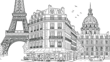 Fototapeta premium Detailed black and white line drawing depicts a classic Parisian street scene featuring the Eiffel Tower and Les Invalides dome.