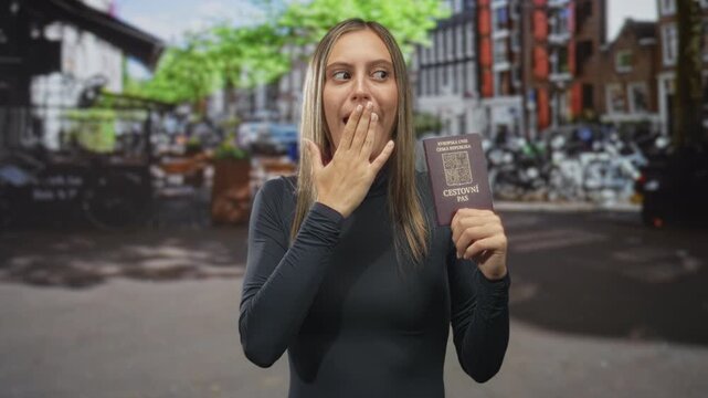 Young woman holds passport and covers her mouth while standing on a cobblestone street with bicycles and row buildings; surprise travel.