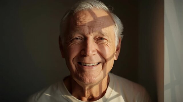 Smiling elderly man portrait with warm window light and soft shadow pattern face, joyful expression