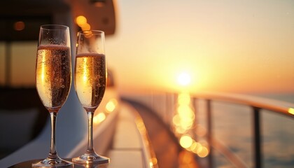 Two champagne flutes filled with bubbly drink stand on deck. Yacht travels on ocean at sunset. Warm golden light reflects on glasses and sea.