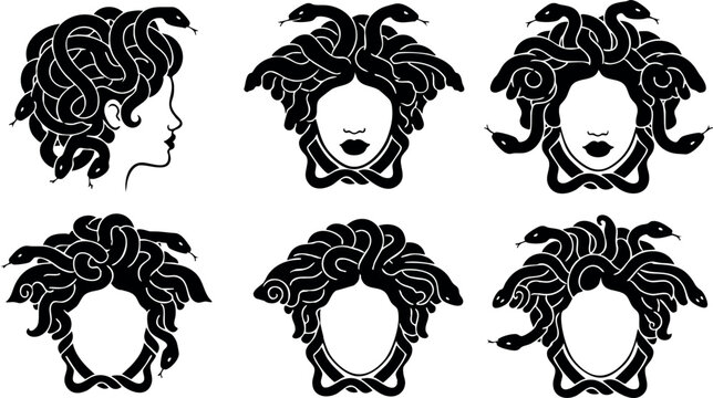 Medusa head vector set with multiple facial views and detailed snake hair design in black silhouette style